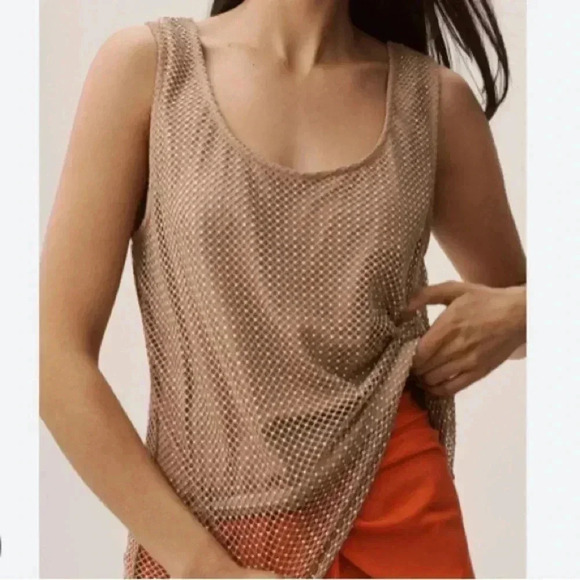 Anthro Sunday in Brooklyn tan studded mesh tank top Large New with tags - Picture 1 of 9